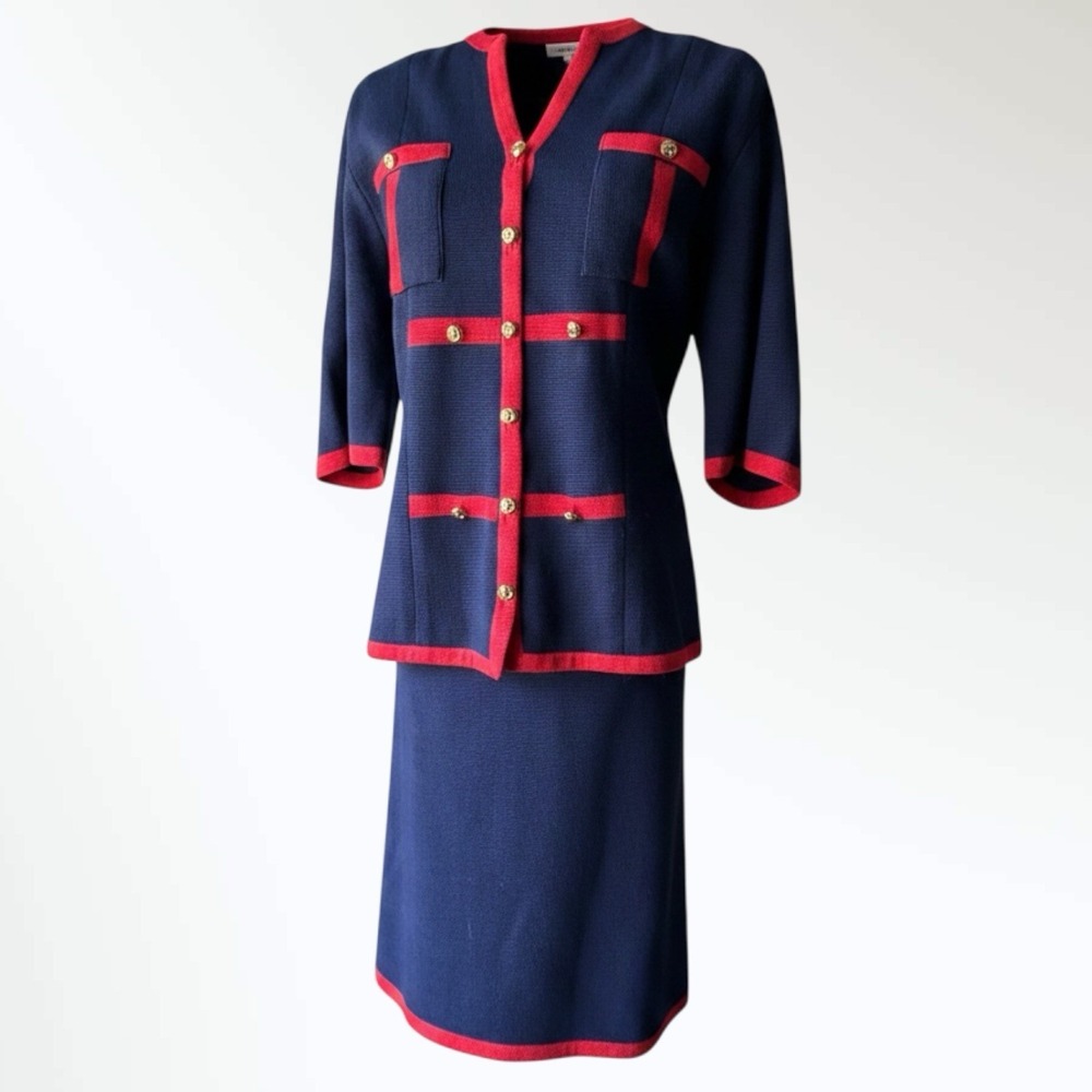 Vintage Arthur Kohler Tricoville Nautical Navy Red Heavy Knit Skirt Suit 12